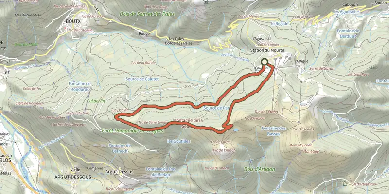 Map of the Forêt de la Seube track on the IGN map, with the start and numbered waypoints