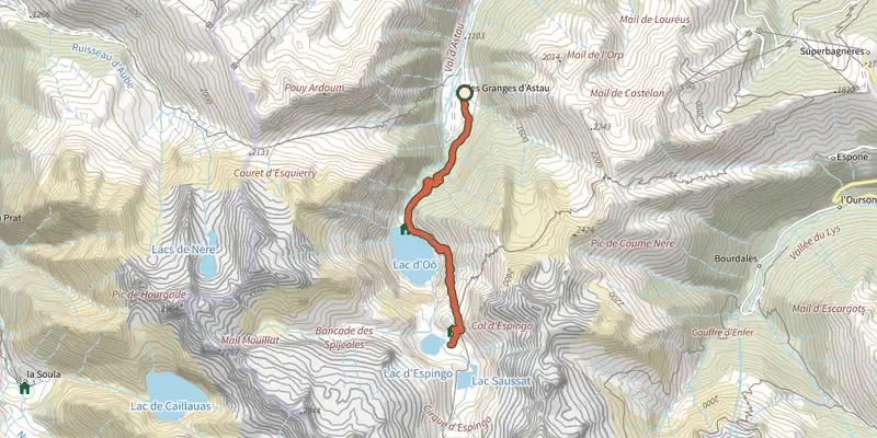 Map of the Le lac d'Espingo track on the IGN map, with the start and numbered waypoints