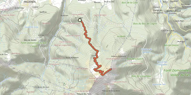 Carte du tracé de Sentier n°6 du Cagire par Juzet-d'Izaut sur le Plan IGN, départ et points de passage numérotés