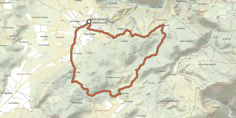Carte du tracé de Les Rajols sur le Plan IGN, départ et points de passage numérotés