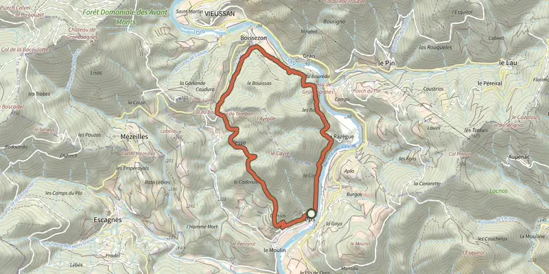 Map of the L'Ayrolle track on the IGN map, with the start and numbered waypoints