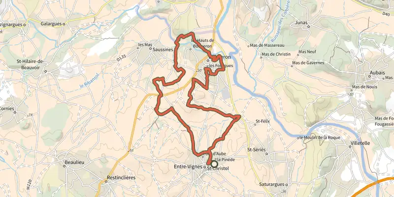 Carte du tracé de Autour de Boisseron Village Medieval sur le Plan IGN, départ et points de passage numérotés