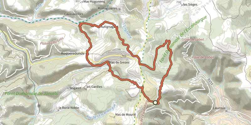 Carte du tracé de De l'Orb à l'Escandorgue sur le Plan IGN, départ et points de passage numérotés