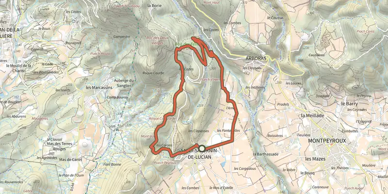 Carte du tracé de Des Vignes au Roc des 2 Vierges sur le Plan IGN, départ et points de passage numérotés