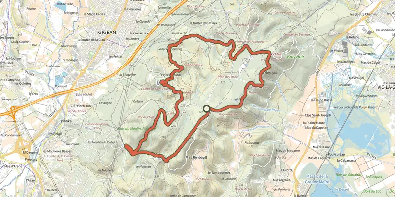 Carte du tracé de Saint Felix en Gardiole sur le Plan IGN, départ et points de passage numérotés