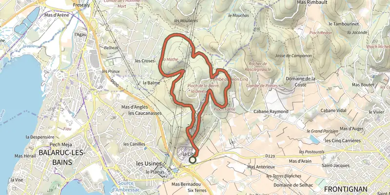 Carte du tracé de Les Balcons de Thau sur le Plan IGN, départ et points de passage numérotés