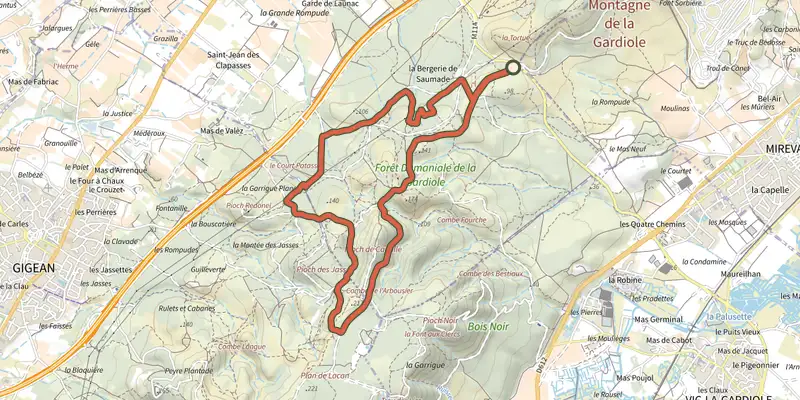 Map of the Les Belvederes de la Gardiole track on the IGN map, with the start and numbered waypoints