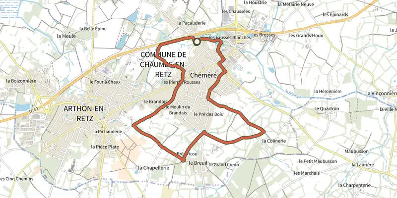 Carte du tracé de Circuit des Chênes sur le Plan IGN, départ et points de passage numérotés