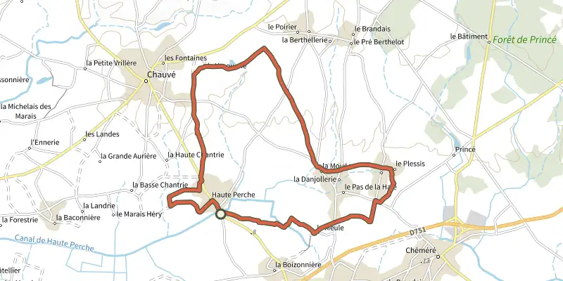 Carte du tracé de Circuit de Haute-Perche sur le Plan IGN, départ et points de passage numérotés