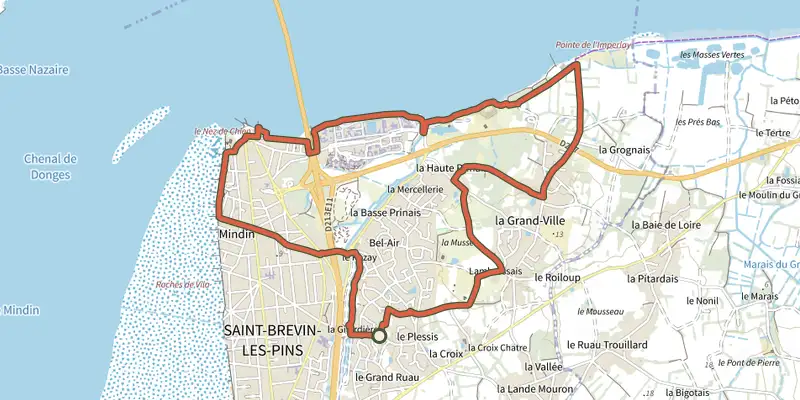Carte du tracé de Circuit de l'Estuaire sur OpenTopoMap, départ et points de passage numérotés