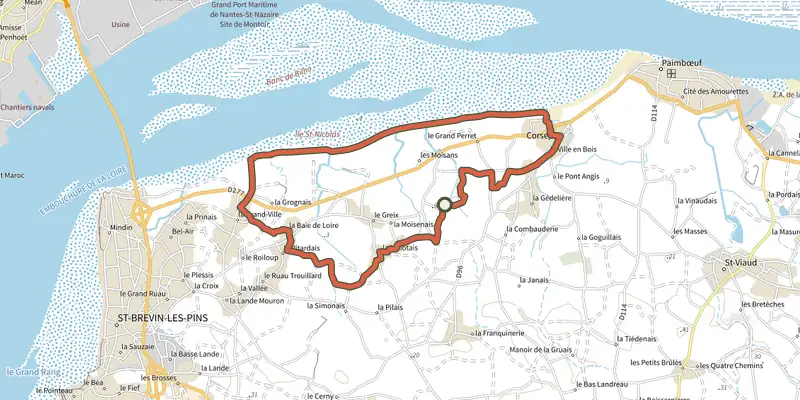 Carte du tracé de Circuit de la Digue sur le Plan IGN, départ et points de passage numérotés