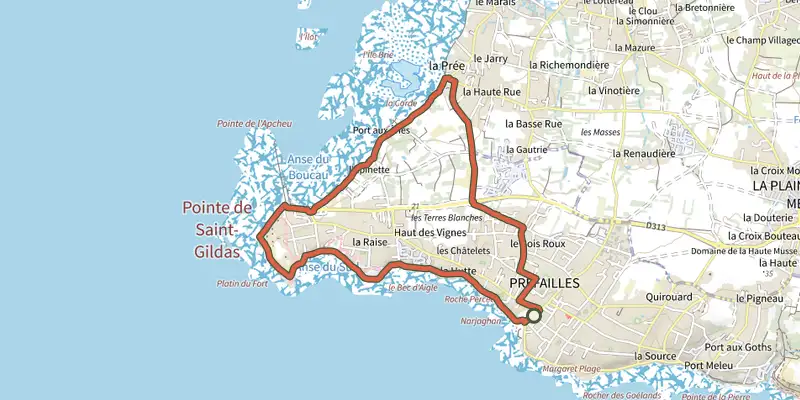Map of the Circuit Pointe de Saint-Gildas track on the IGN map, with the start and numbered waypoints