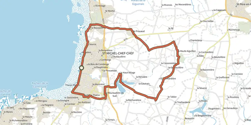 Carte du tracé de Tour de la Commune sur le Plan IGN, départ et points de passage numérotés