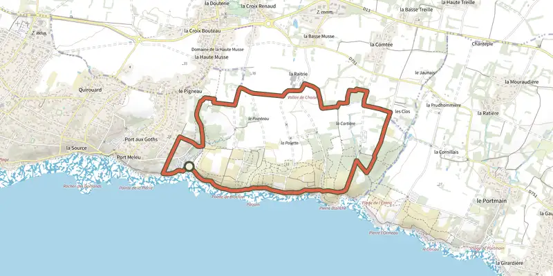 Map of the Circuit de la Vallée de Pasquin track on the IGN map, with the start and numbered waypoints