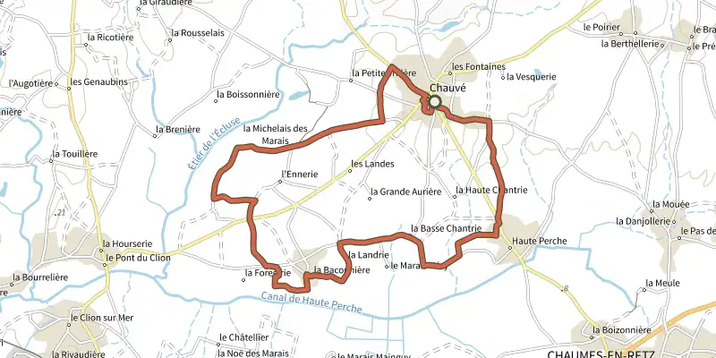 Map of the Circuit des Marais et des Moulins track on the IGN map, with the start and numbered waypoints