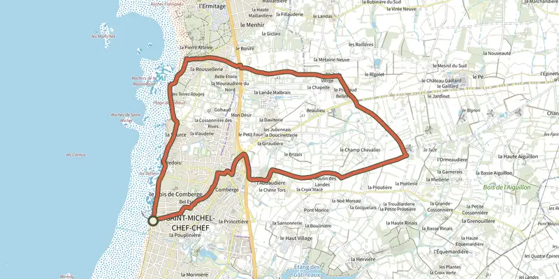 Map of the Circuit du Littoral et des Moulins track on the IGN map, with the start and numbered waypoints