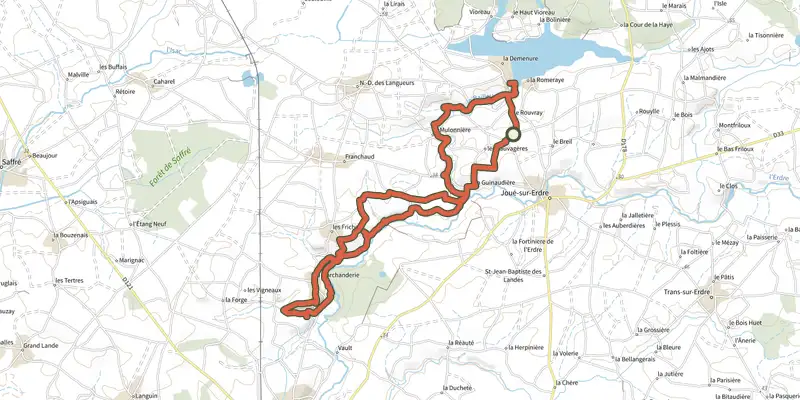 Map of the les Arcades track on OpenTopoMap, with the start and numbered waypoints