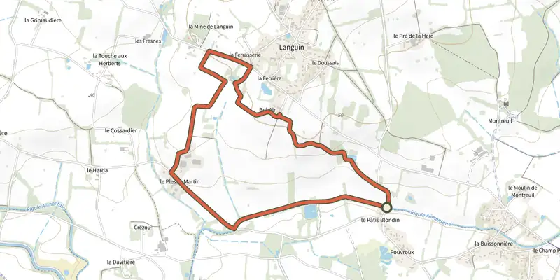 Map of the Les Mines de Languin track on the IGN map, with the start and numbered waypoints