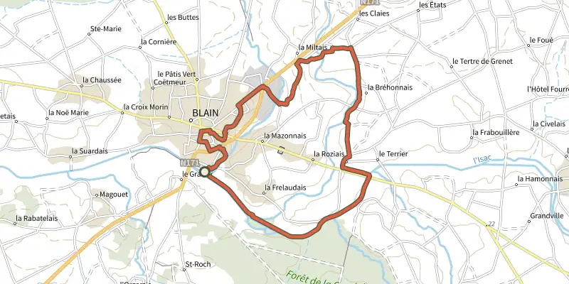 Map of the Circuit du Perche track on the IGN map, with the start and numbered waypoints