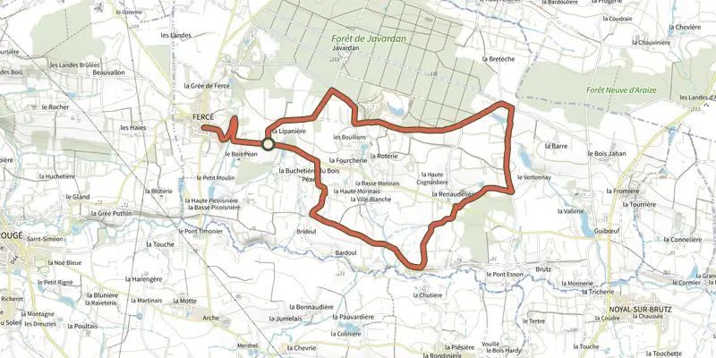 Carte du tracé de Sentier de la Gree sur le Plan IGN, départ et points de passage numérotés