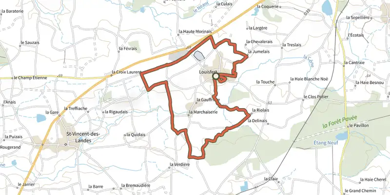 Map of the Sentier René-Guy Cadou track on OpenTopoMap, with the start and numbered waypoints