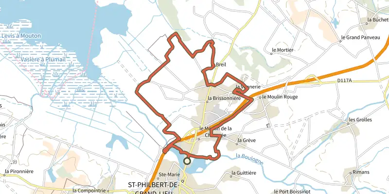 Carte du tracé de circuit des marais (St-Philbert-de-Grand-Lieu) sur OpenTopoMap, départ et points de passage numérotés