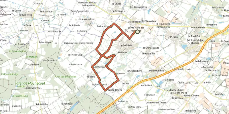 Carte du tracé de Circuit des Hauts du Lac sur le Plan IGN, départ et points de passage numérotés