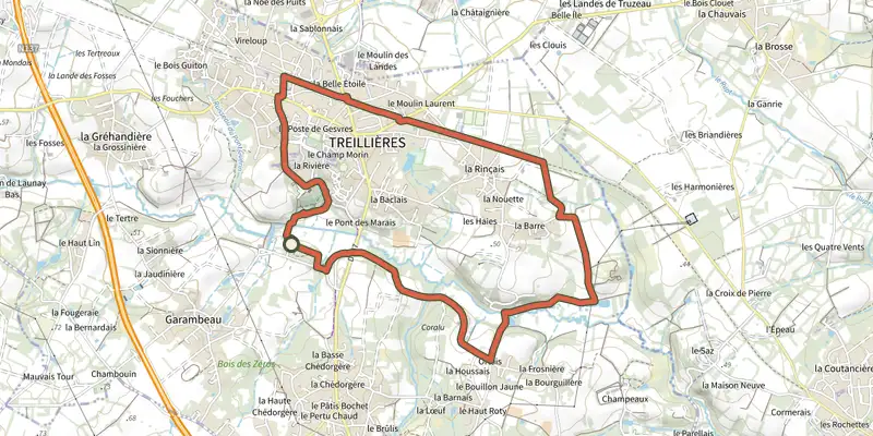 Map of the La Vallée du Gesvres track on the IGN map, with the start and numbered waypoints