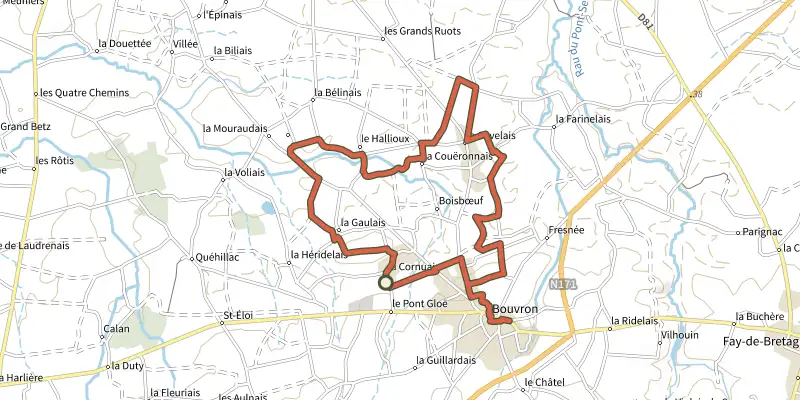 Map of the Circuit du Champ de Mont track on OpenTopoMap, with the start and numbered waypoints