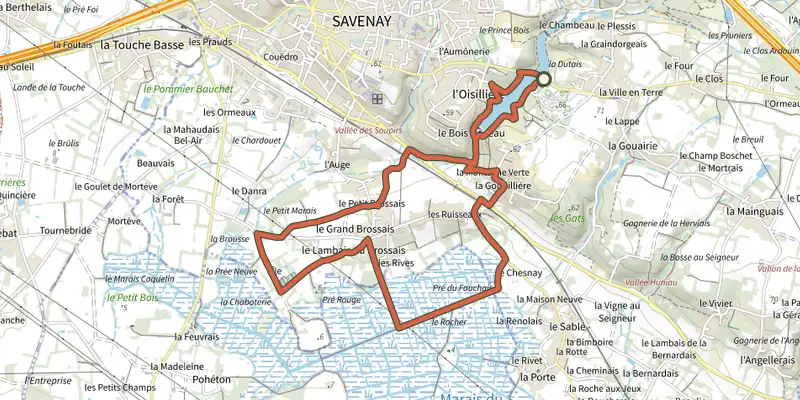 Map of the Sentier du Marais du Fresnier track on the IGN map, with the start and numbered waypoints