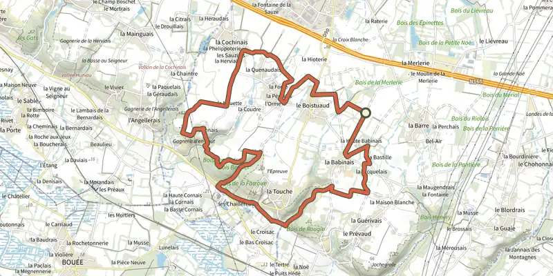 Carte du tracé de Sentier du Tertre sur le Plan IGN, départ et points de passage numérotés