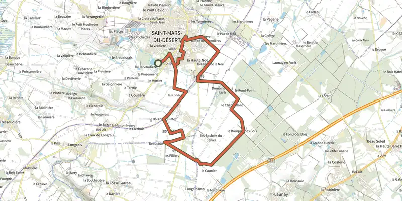 Map of the L'Orée du Bois track on the IGN map, with the start and numbered waypoints