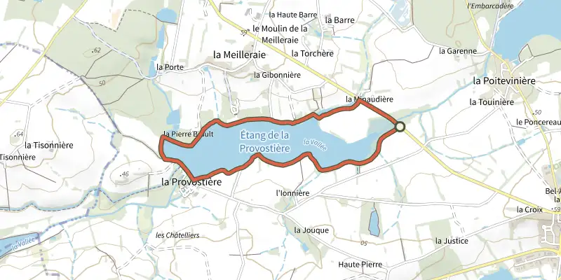 Map of the L'Etang de la Provostière track on OpenTopoMap, with the start and numbered waypoints