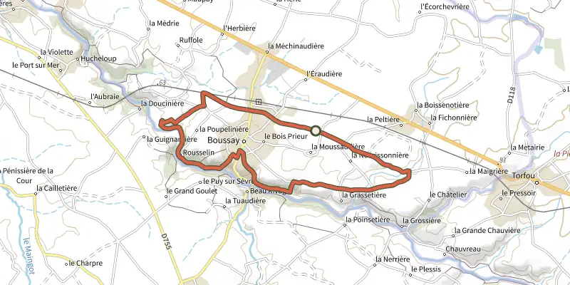 Map of the Circuit des rochers track on the IGN map, with the start and numbered waypoints