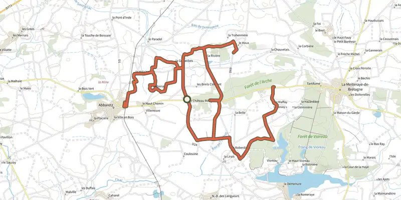 Map of the Sentier des 5 tresors track on OpenTopoMap, with the start and numbered waypoints