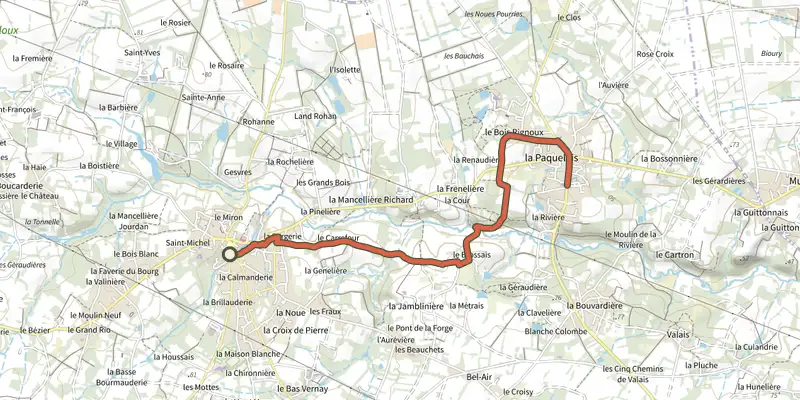 Carte du tracé de Liaison d'un Bourg à l'Autre sur OpenTopoMap, départ et points de passage numérotés