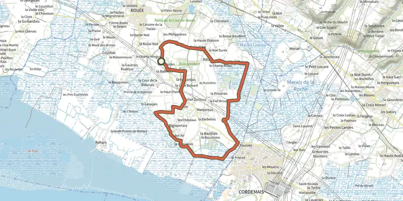 Carte du tracé de Sentier du Marais de la Roche sur OpenTopoMap, départ et points de passage numérotés