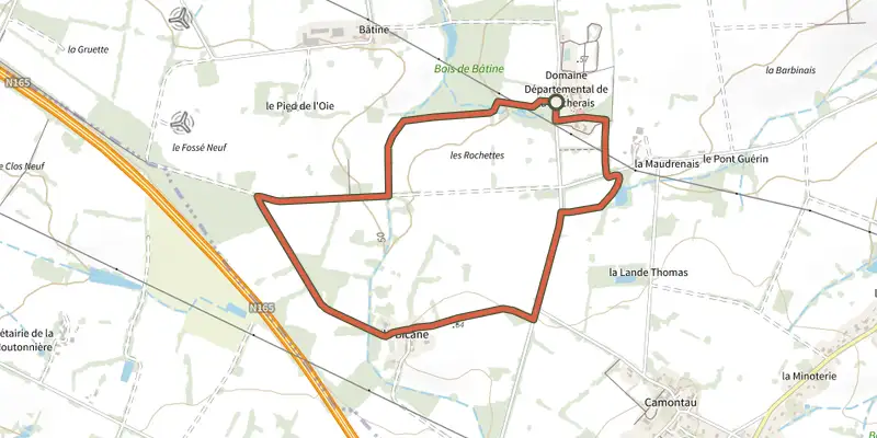 Map of the Sentier du Moulin track on OpenTopoMap, with the start and numbered waypoints