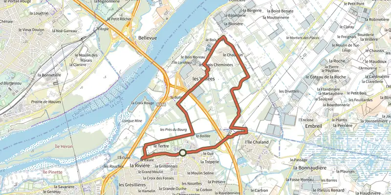 Carte du tracé de Circuit du canal de Goulaine sur le Plan IGN, départ et points de passage numérotés