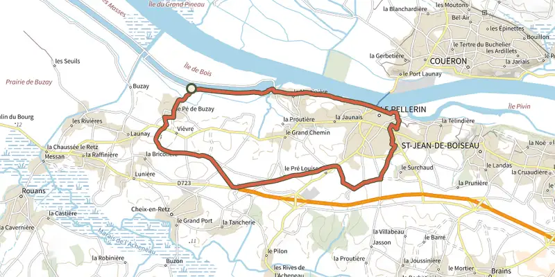 Map of the Circuit Loire et Bocage track on the IGN map, with the start and numbered waypoints