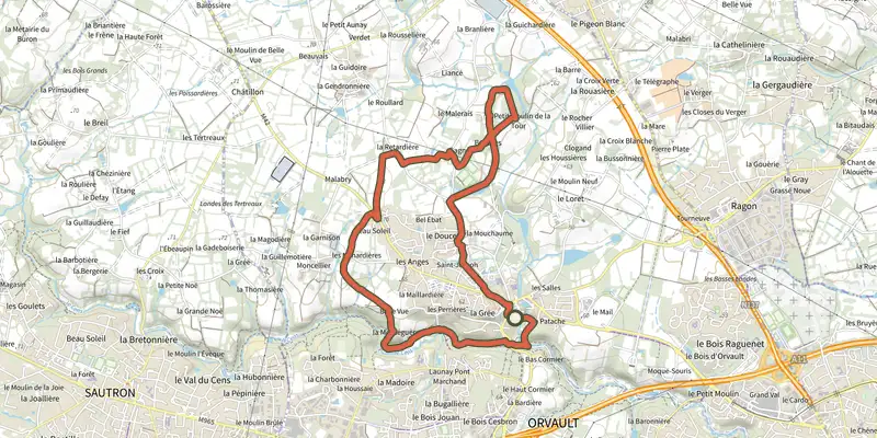 Map of the Circuit des Vallées d'Orvault track on the IGN map, with the start and numbered waypoints