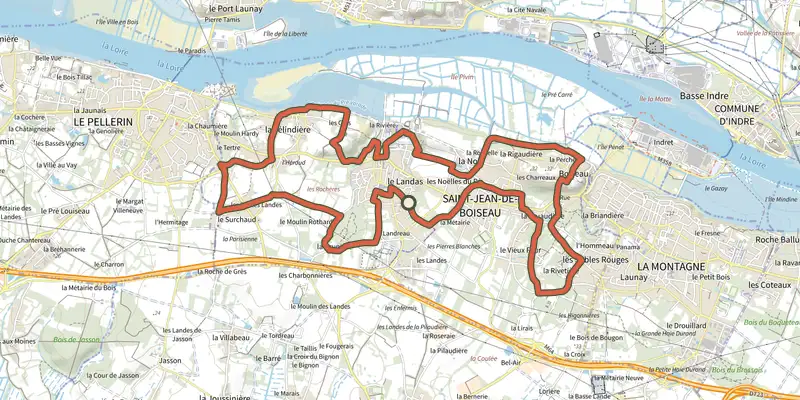 Carte du tracé de Circuit des Villages (Saint-Jean-de-Boiseau) sur le Plan IGN, départ et points de passage numérotés