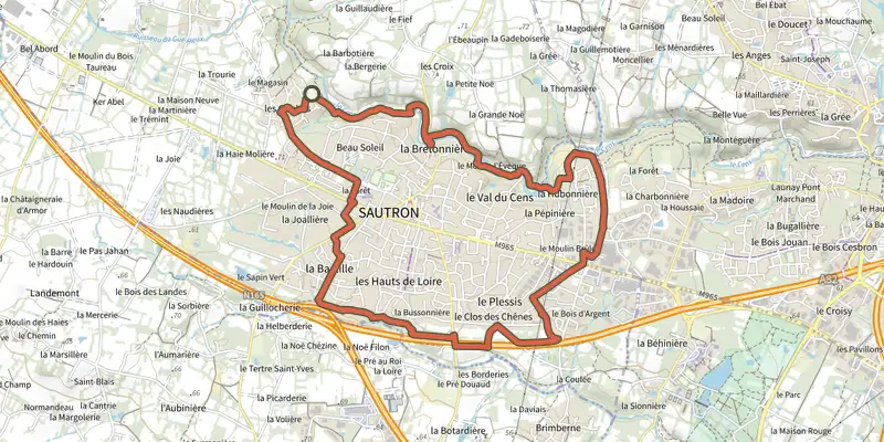 Carte du tracé de Les vallées du Cens et de la Chézine sur OpenTopoMap, départ et points de passage numérotés
