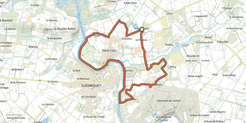 Map of the Circuit de la Pierre Folle Menhir track on OpenTopoMap, with the start and numbered waypoints