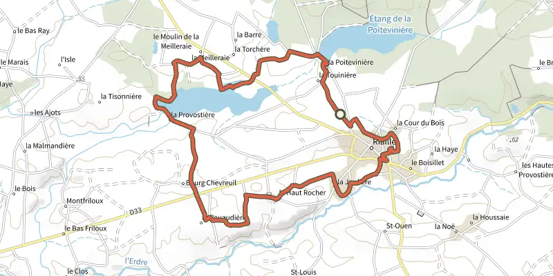 Map of the Circuit 4 - Les étangs track on OpenTopoMap, with the start and numbered waypoints