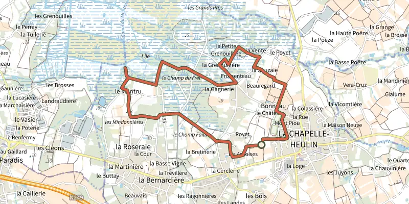 Map of the Circuit de l'Agrion de mercure track on the IGN map, with the start and numbered waypoints