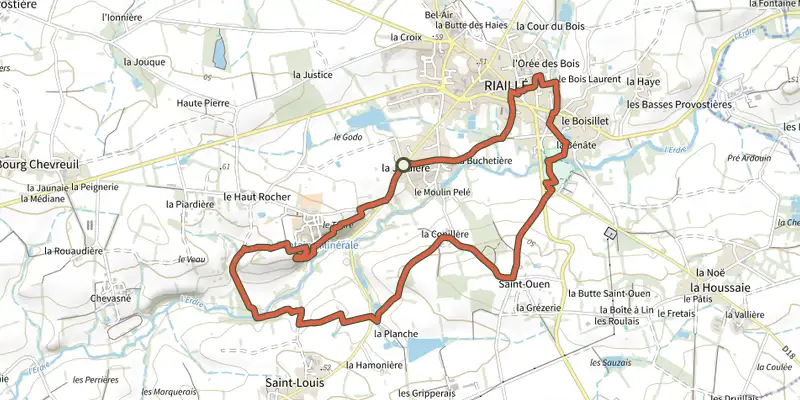 Map of the La Vallée de l'Erdre track on OpenTopoMap, with the start and numbered waypoints