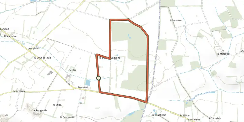Map of the Circuit du Bois du domaine track on the IGN map, with the start and numbered waypoints