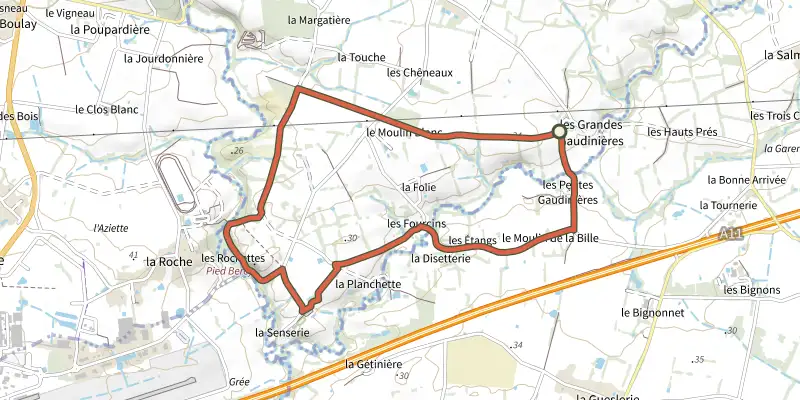 Map of the Circuit du Pont Romain track on the IGN map, with the start and numbered waypoints