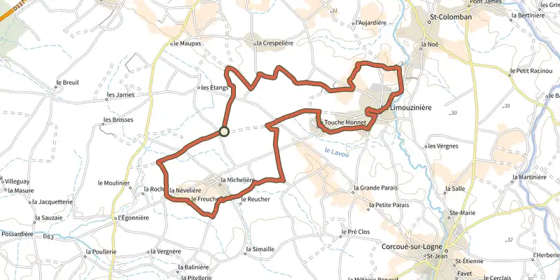 Map of the Circuit des Villages (La Limouziniere) track on the IGN map, with the start and numbered waypoints